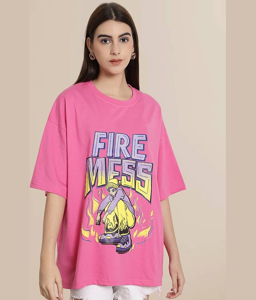 Fabflee Women Cotton Printed Oversized Fit Round Neck T-Shirt ( Pink )