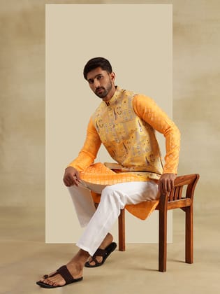 Men's Jacquard Silk Yellow Kurta & White Pyjama With Jacquard Silk Yellow Nehru Jacket-36