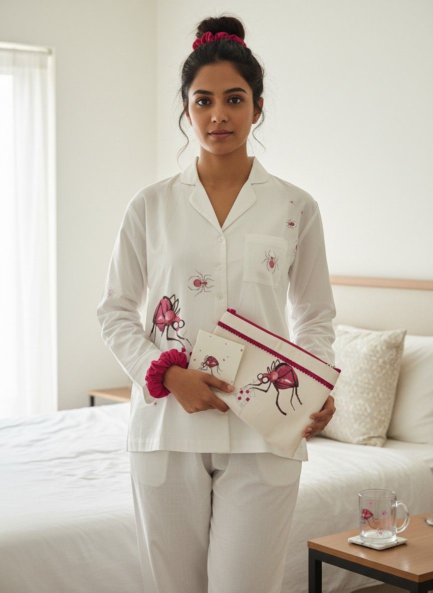 Ivvory Boutique Spider Print Revere Pyjama Set (Size L) | 100% Cotton Hand Embroidered Night Suit | Sleepwear