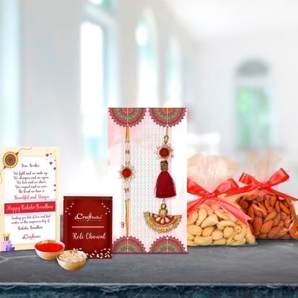 Designer Handcrafted Premium Bhaiya Bhabhi Rakhi with Badam and Cashew (200 gm each, total 400 gm) and Roli Chawal Pack, Best Wishes Greeting Card