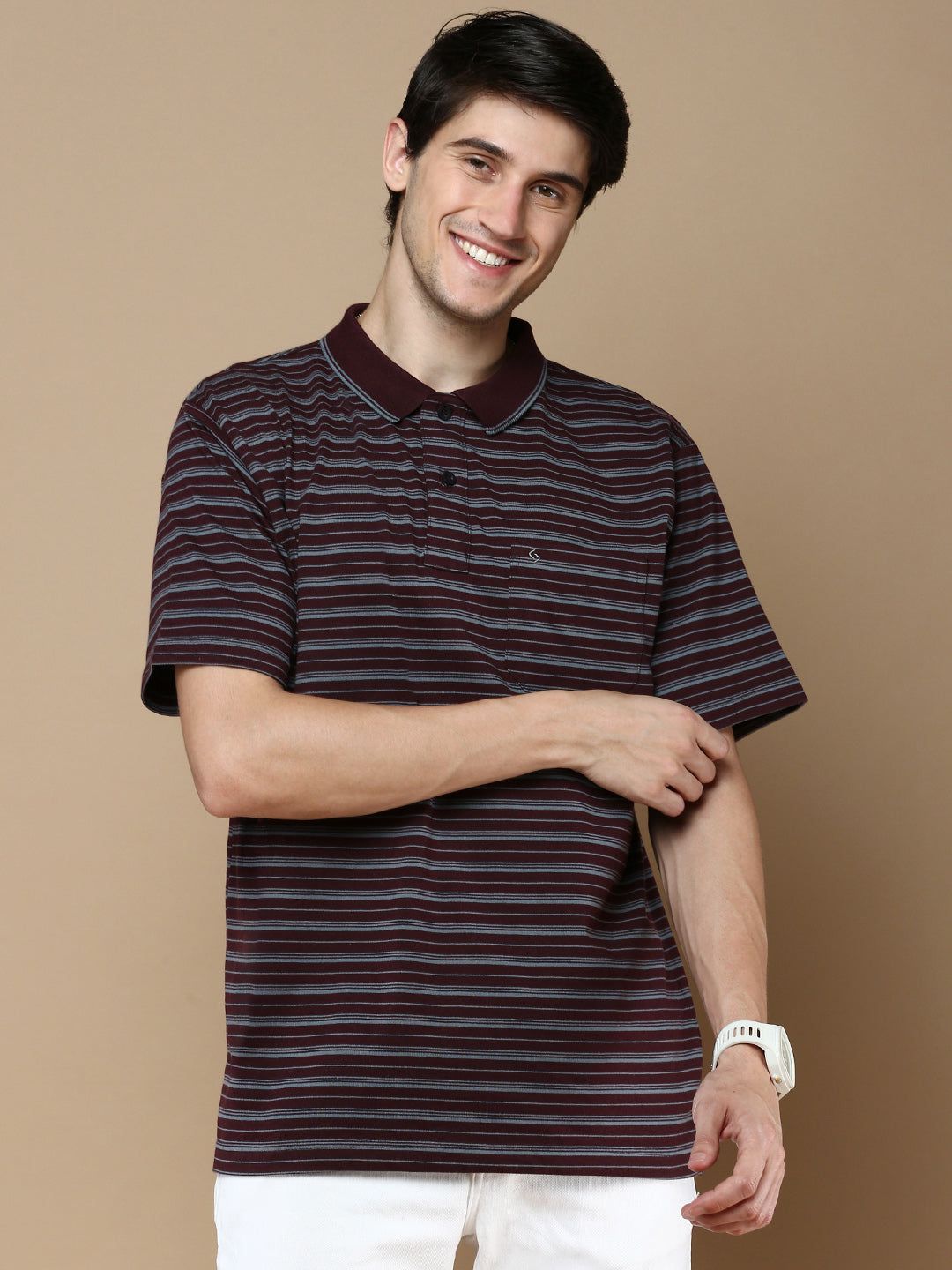 Classic Polo Men's Half Sleeve Burgundy Polo Neck Authentic Fit Striped T-Shirt | FEEDERS - 264 A AF P