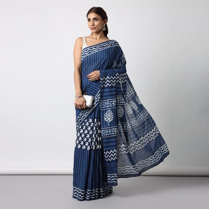MOORA  Time Flies Indigo Hand Block Print Mulmul Cotton Bagru Saree Length 5.50 Meters Width 44 Inches with Blouse Piece 1 metre