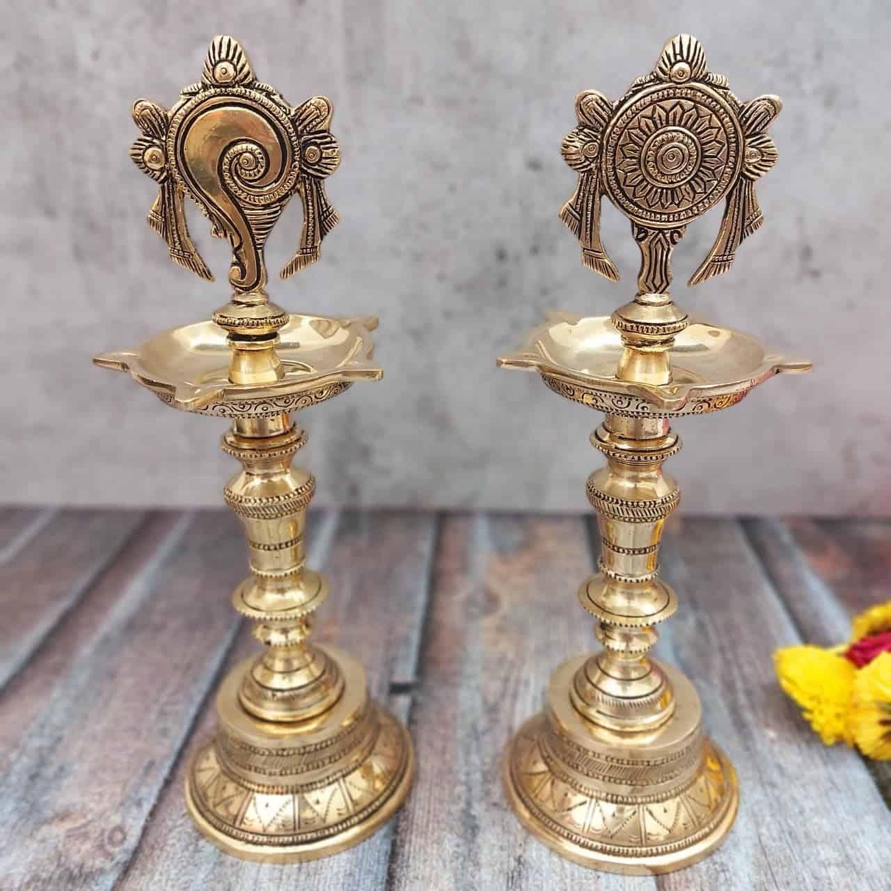 Brass Shankh Chakra Lamp Pair - 12 inch Height | Spiritual Aura