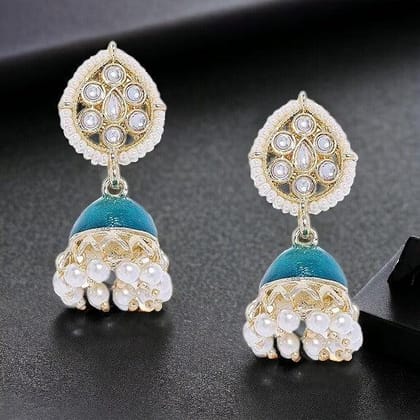 Gold Plated Classic Small Green Enamel with Kundan Traditional Jhumki Earrings