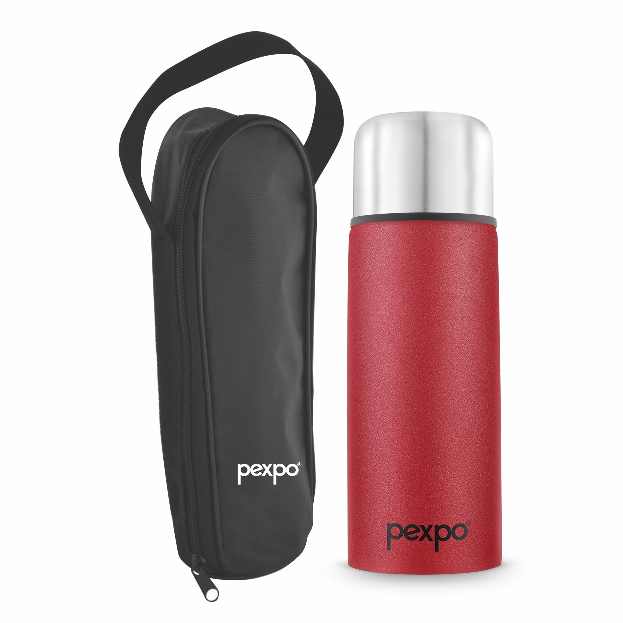 Pexpo Stainless Steel Thermosteel Insulated Flask with Zipper Bag | 500ml, Crimson Red, Flip Pro | Odorless & Keeps Drinks Hot/Cold for 18+ Hours