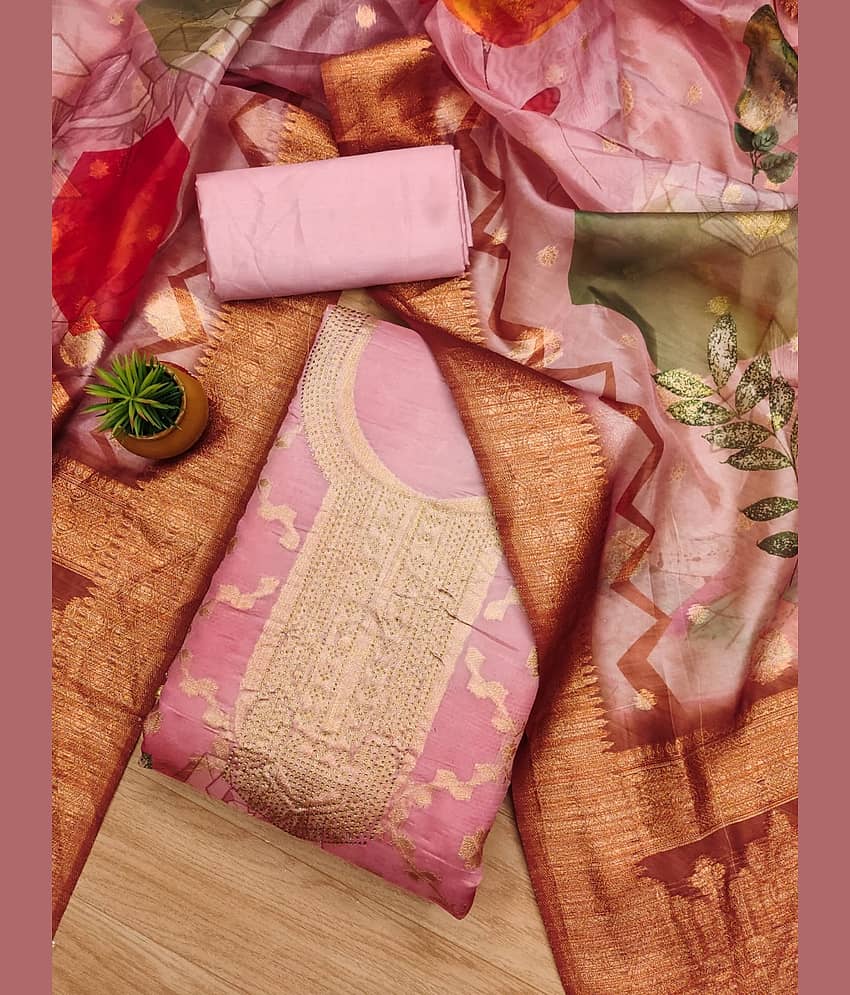 Rangtulika Ethnics Unstitched Organza Embroidered Dress Material - Pink ( Pack of 1 )