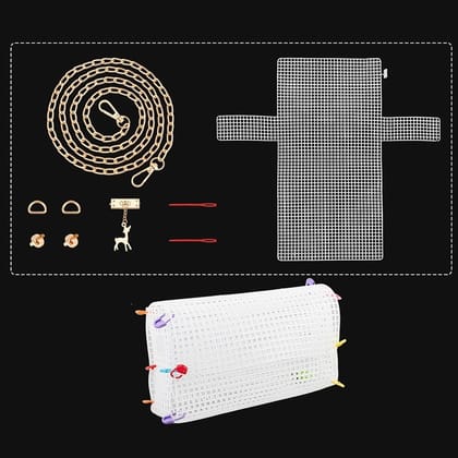 Embroidery Canvas Mesh Plastic Bag Making Kit (14x15 Inch Sheet x 1, D Clasp x 2, Chain x 1, Deer Charm x 1, Plastic Pin x 2) Hole 4x4mm-1 Set