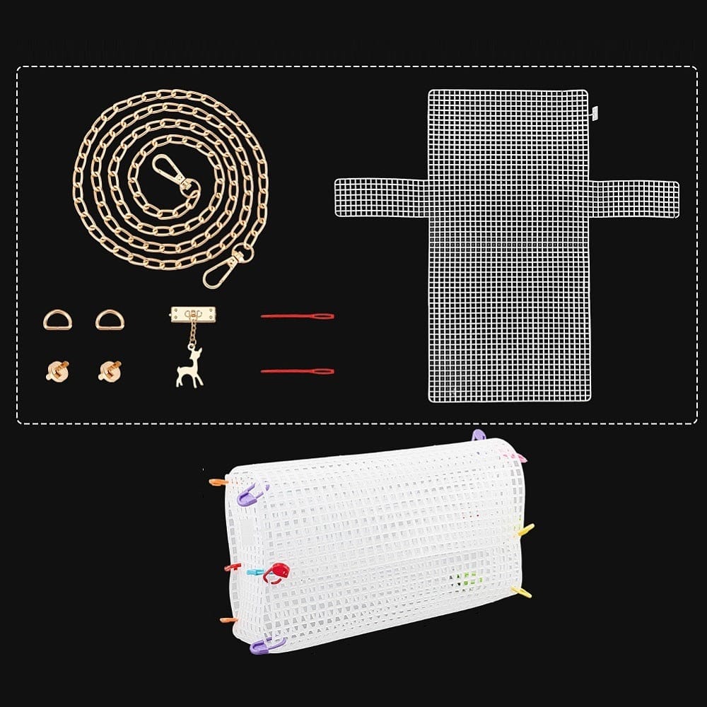 Embroidery Canvas Mesh Plastic Bag Making Kit (14x15 Inch Sheet x 1, D Clasp x 2, Chain x 1, Deer Charm x 1, Plastic Pin x 2) Hole 4x4mm-1 Set