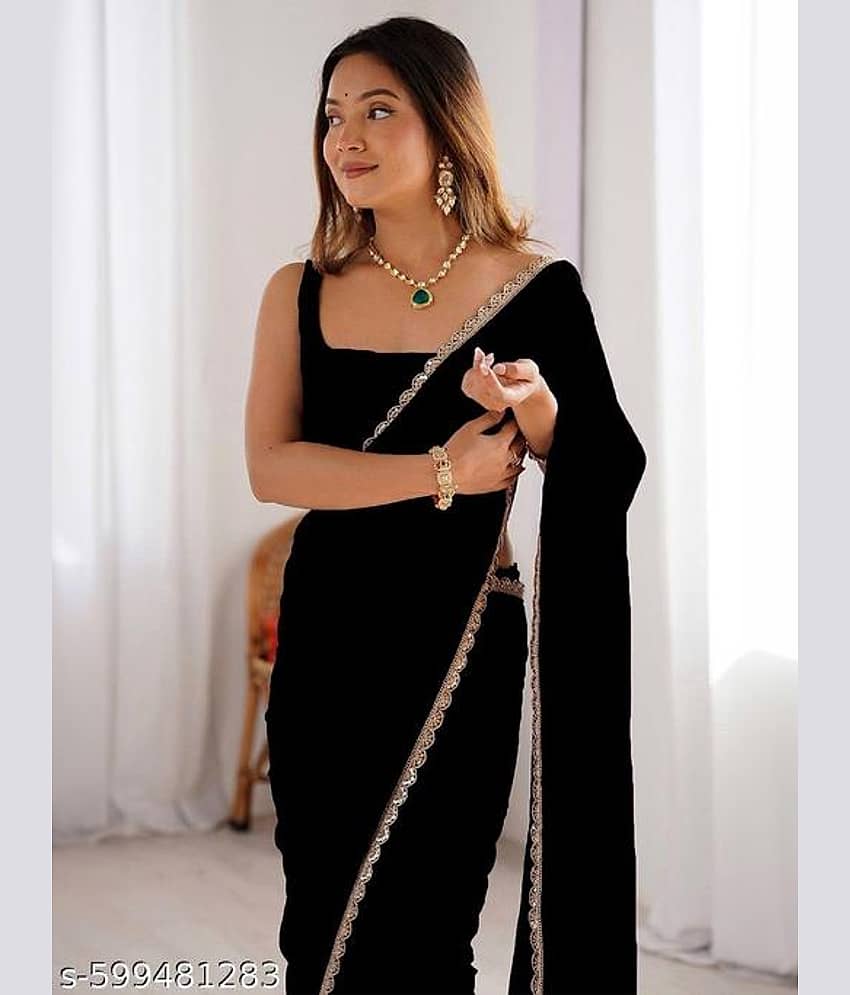 Shivadit ethnic Georgette Solid Regular Saree With Unstitched Blouse Piece ( Black )