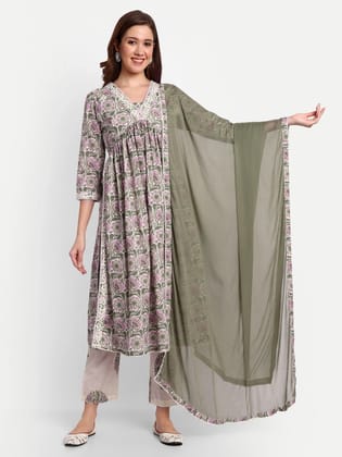 Floral Printed Cotton Kurti Set With Trousers &amp; Dupatta-XS