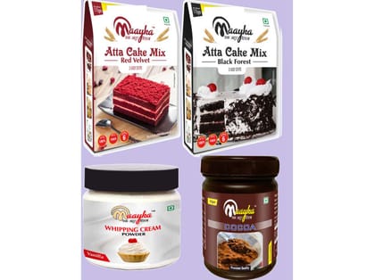 Maayka Atta Black Forest & Red Velvet Cake Mix, Vanilla Whipping Cream & Cocoa Powder | Pack Of 4
