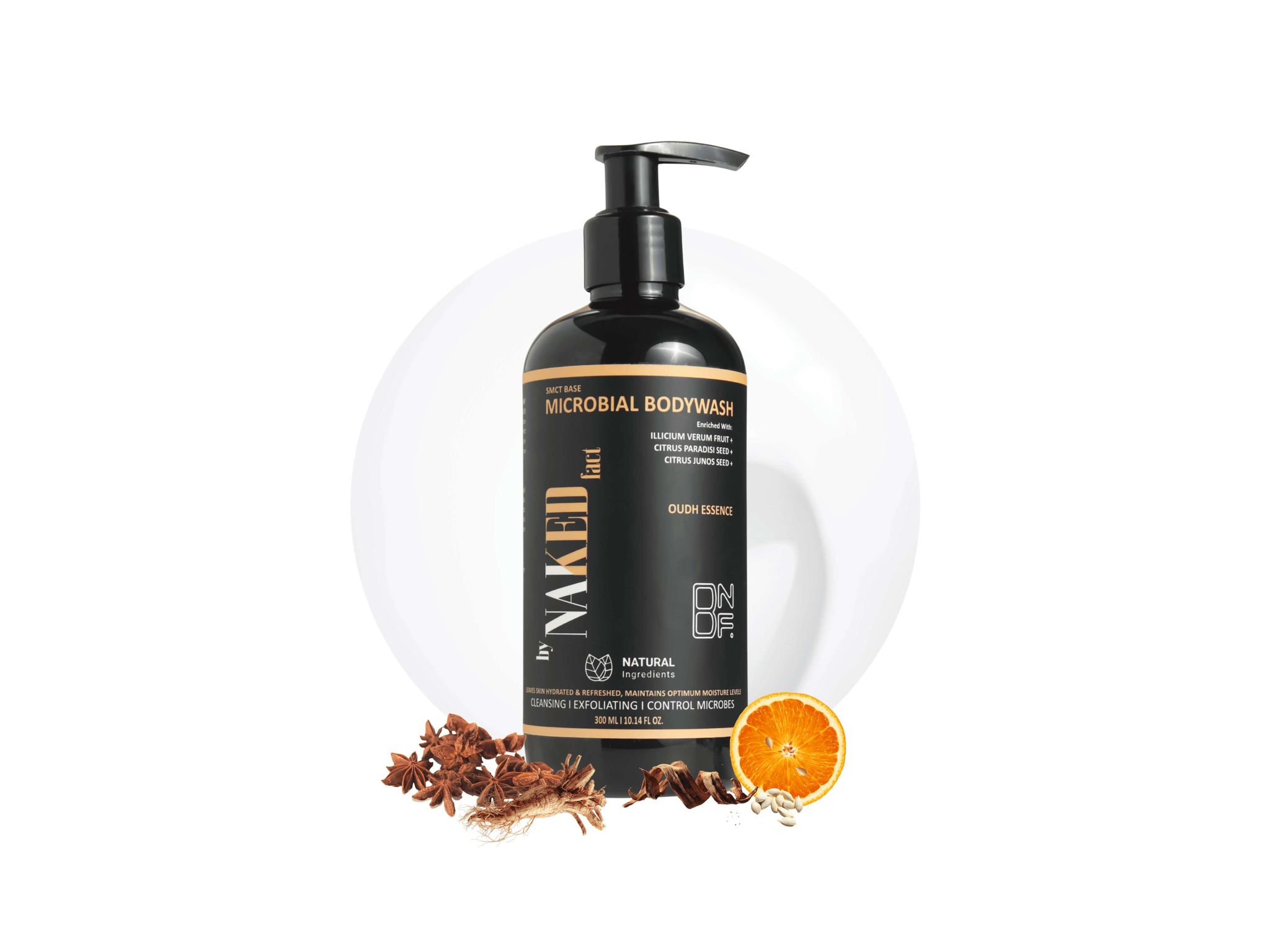 By NAKED fact SMCT Base Microbial OUD Unisex Body Wash | Refreshing Shower Gel for Deep Cleansing, Exfoliating, Hydrating, Moisturising, Softer & Smoother Skin Infused with Citrus paradisi seed, Illicium Verum Fruit, Citrus Junos seed-300 ml