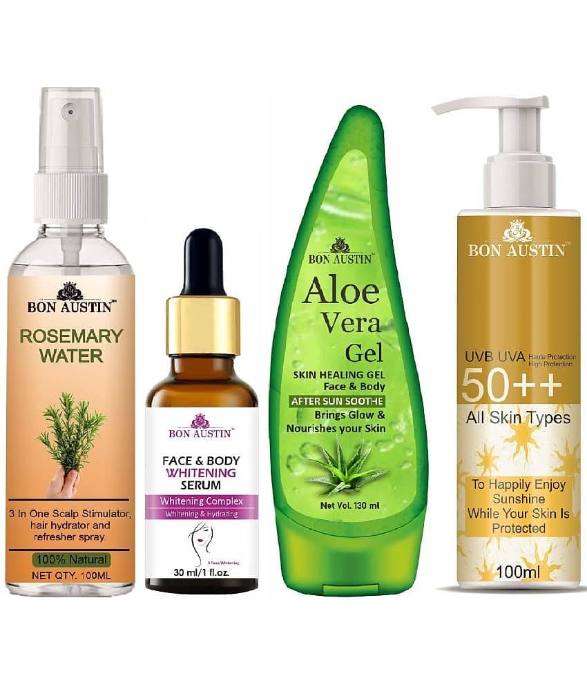 Bon Austin Rosemary Water | Hair Spray For Regrowth | Hair Growth Expert 100ml, Face and Body Whitening Serum 30ML, UVA & UVB Protection Sunscreen 100ml & Multipurpose Aloe Vera Gel 130ml - Set of 4 Items
