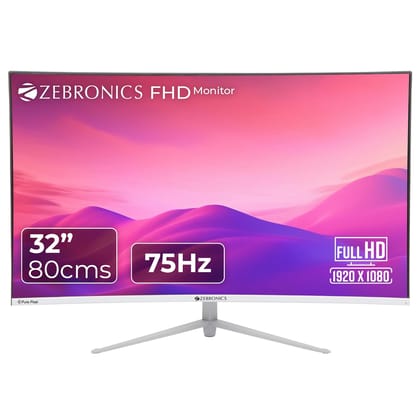 Zebronics AC32FHD 75hz LED Monitor 32 inch (81.28cm), 250 nits, 1800R Curved wide screen, FHD, 1080p, Wall Mountable, VGA, HDMI, Ultra Slim Bezel- White