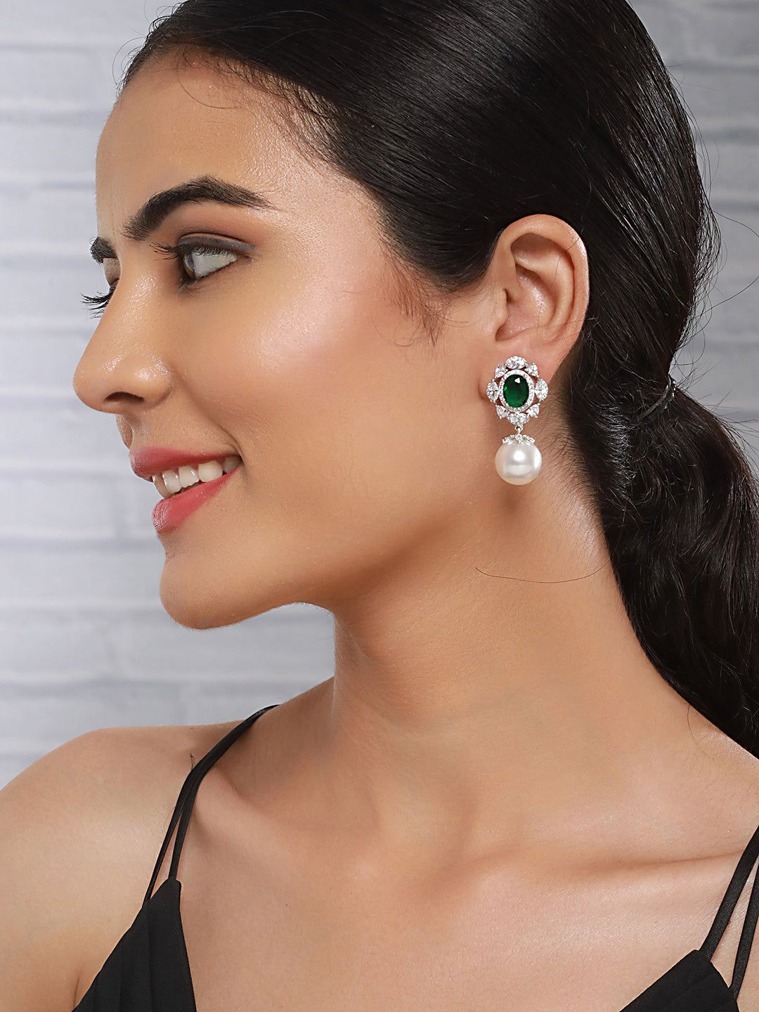 Silver Plated Emerald Green AD Studded Pearl Beaded Luxe Studds Earring