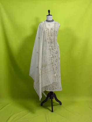 Lucknow Chikankari Hand-Embroidered Mul Cotton Dress Material, White & Ivory