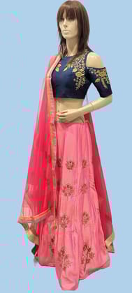Woman's Designer Blue & Pink Cholee Suit with Silk Fabric Off Shoulder Blouse-9305-CH / Blue / Pink / F