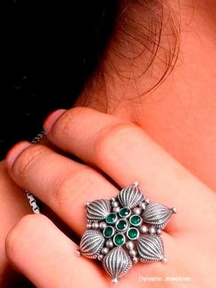 Silver Replica Floral Adjustable Finger Rings for Daily Wear | Sarichka-Green