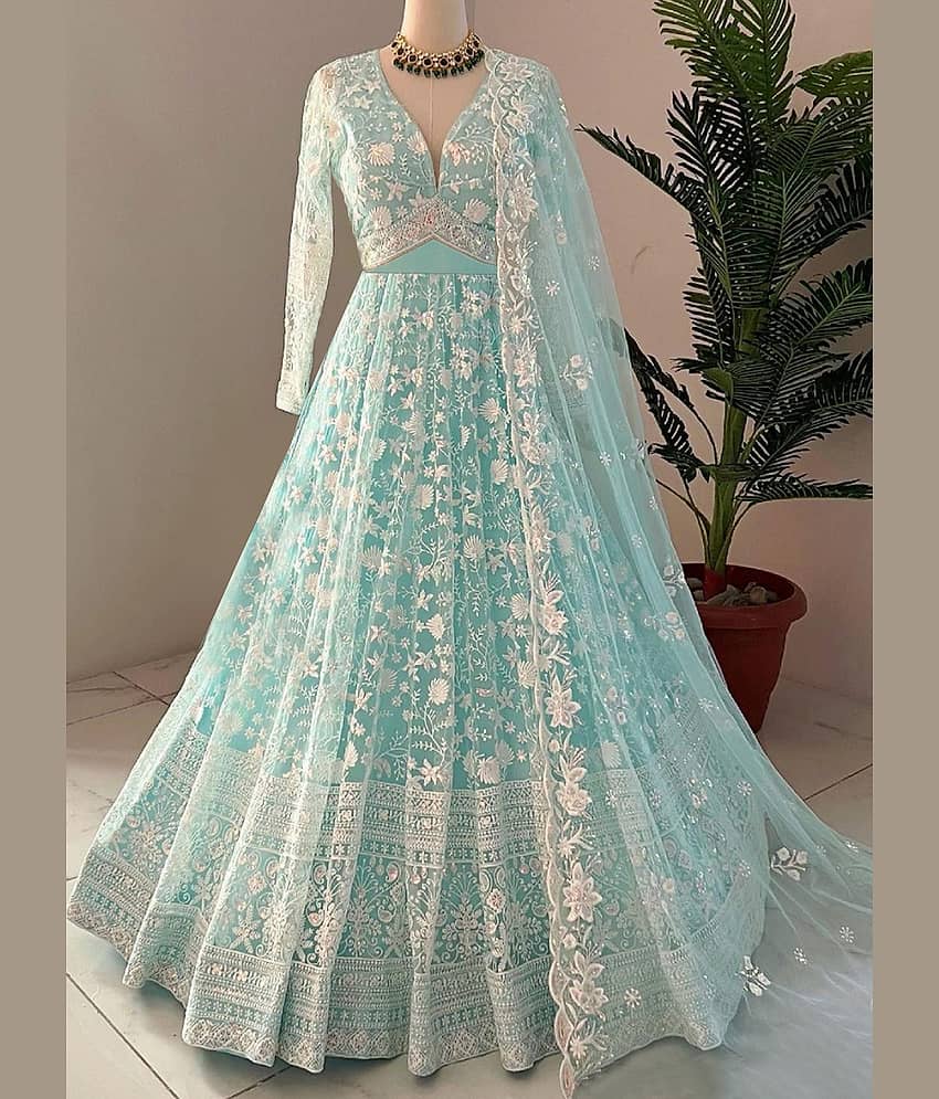 KV Fashion Women's Net Semi Stitched Flared Ethnic Gown With Dupatta