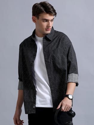 Premium Men Shirt, Relaxed Fit, Pure Cotton, Full Sleeve, Printed, Charcoal Grey-L / Charcoal Grey