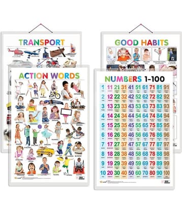 Set of 4 Good Habits, Action Words, Transport and Numbers 1-100 Early Learning Educational Charts for Kids | 20"X30" inch |Non-Tearable and Waterproof | Double Sided Laminated | Perfect for Homeschooling, Kindergarten and Nursery Students