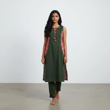Handloom Cotton Two-Piece Co-Ord Set in Bottle Green