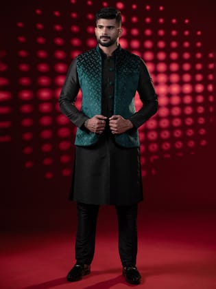 Bottle Green Lazer Cut Jacket Kurta Set-Made To Measure / Churidaar Set