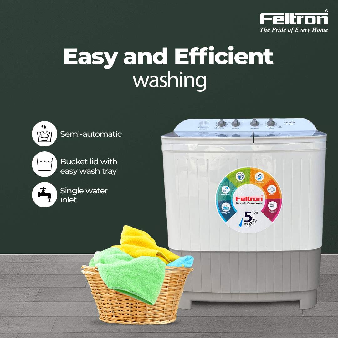 Feltron 8 Kg Semi Automatic Top Load Washing Machine White, Grey Glass Lid (FIPL80SWM)