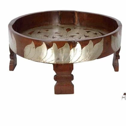 Wooden Indian Art Style Carved Antique Coffee Table | Brass Fitted Grinder Stool for Home Decor
