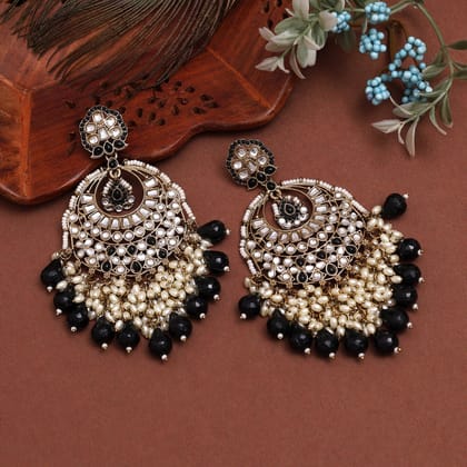 Black Color Kundan Earrings (KDE1006BLK)-Length: 11.00 CM x Width:5.50 CM / Black / Alloy With Good Quality Mehndi Gold Plated