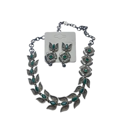ANVAYACOLLECTIONS Elegant Oxidized Brass Necklace Set with Green Stones and Earrings.