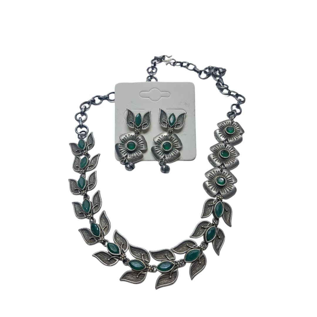 ANVAYACOLLECTIONS Elegant Oxidized Brass Necklace Set with Green Stones and Earrings.