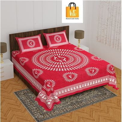 3001-Hometrade India-Standard King Size (90*108 Inches)-Pure Cotton Jaipuri Double Bedsheet With Matching Pillow Cover