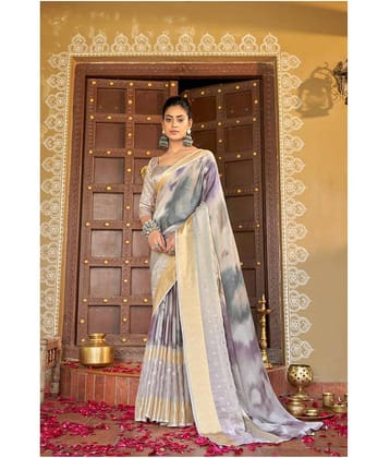 Bhuwal Fashion Chiffon Striped Saree With Unstitched Blouse Piece ( Grey )