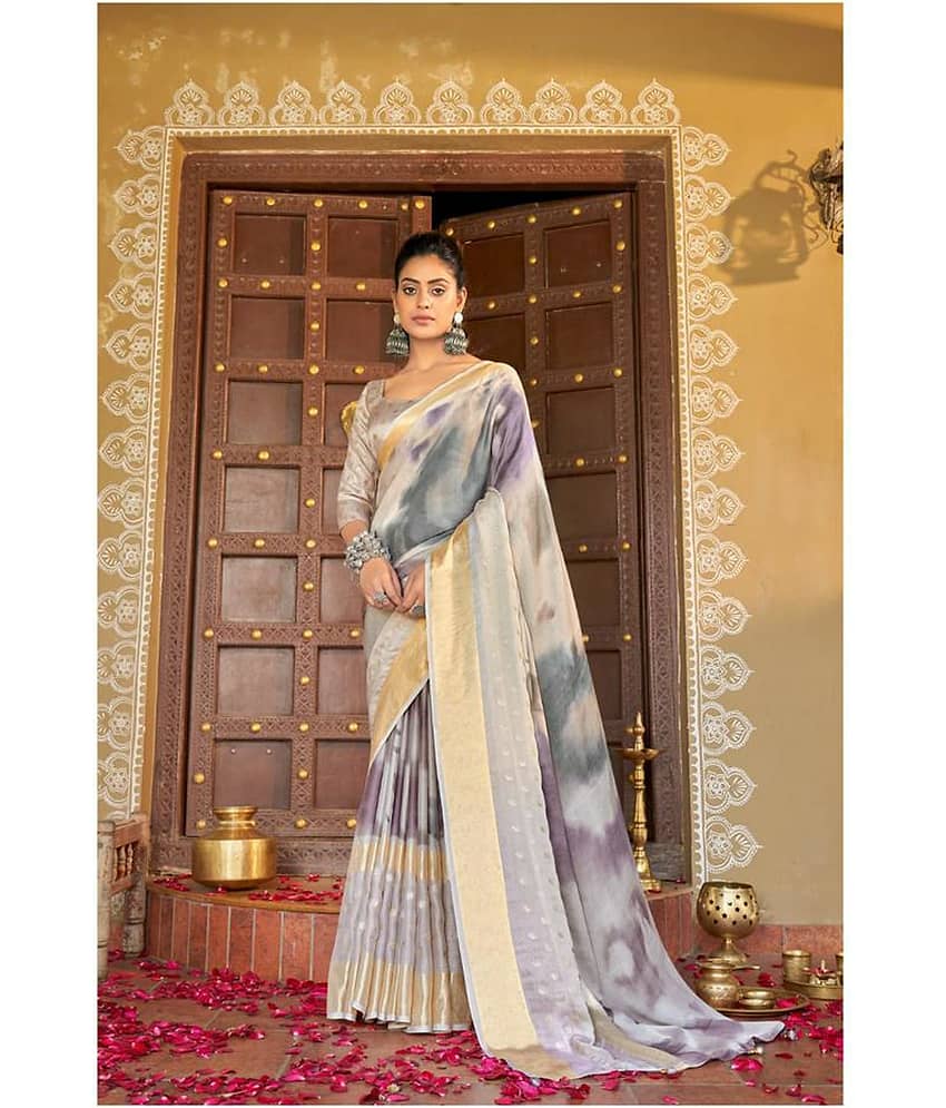 Bhuwal Fashion Chiffon Striped Saree With Unstitched Blouse Piece ( Grey )