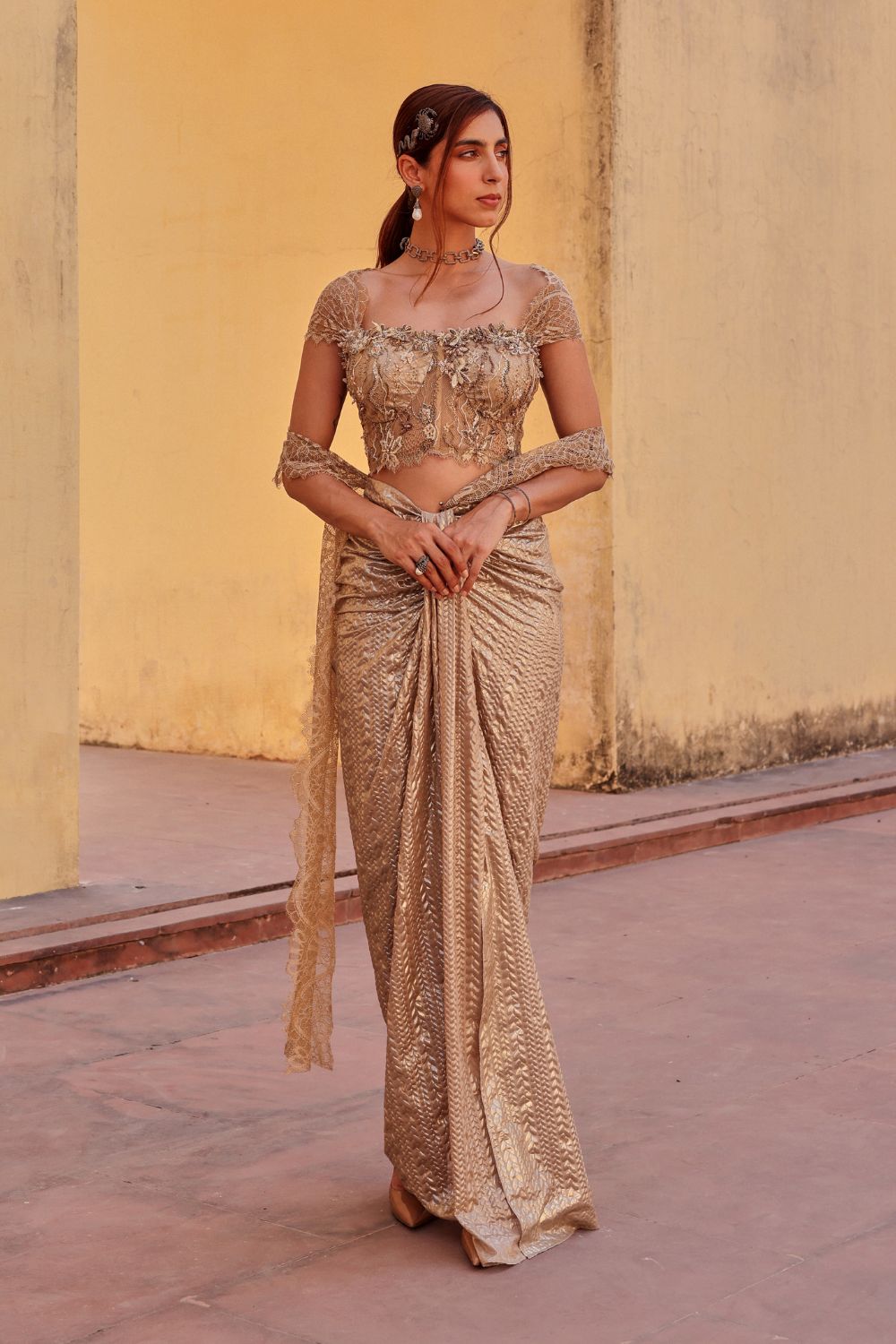 Golden Mary draped metallic saree-XS