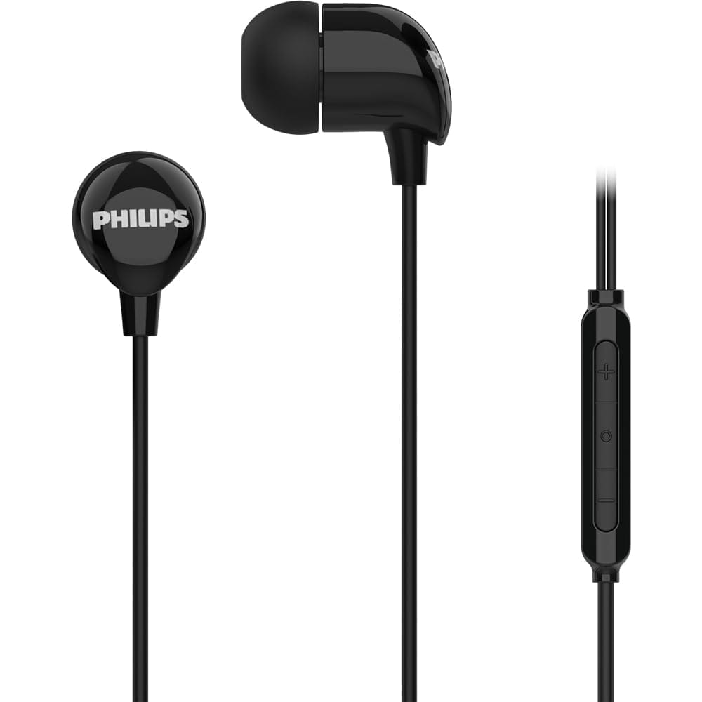 PHILIPS Audio TAE1159BK/00 in-Ear Wired Earphones with C-Type Jack, 10mm Drivers, Inline Mic, Powerful Bass and Clear Sound, Tangle Free 1.2m Cable and 3 x Inter Changeable Ear Tips (Black)