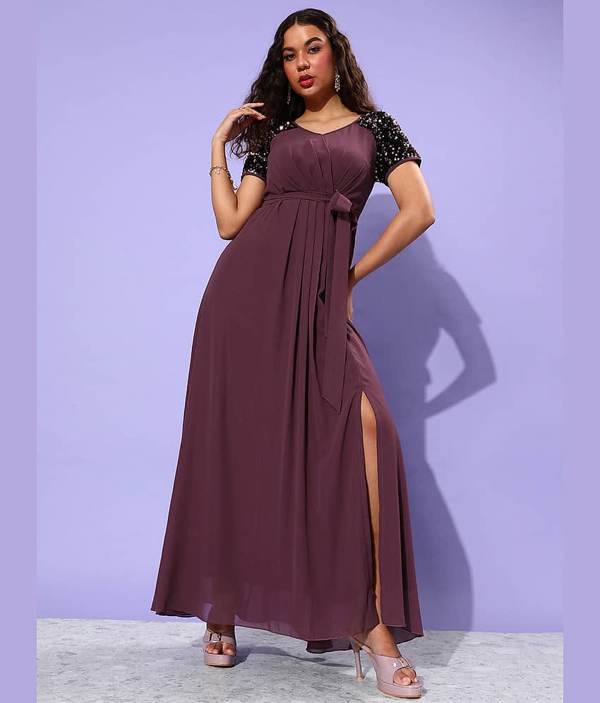 Miss Chase Women Polyester Embellished Wrap Dress ( Mauve )