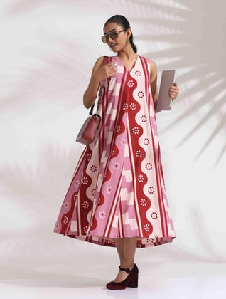 trueBrowns Pink Cotton Abstract Print Dress - Pink   (S)