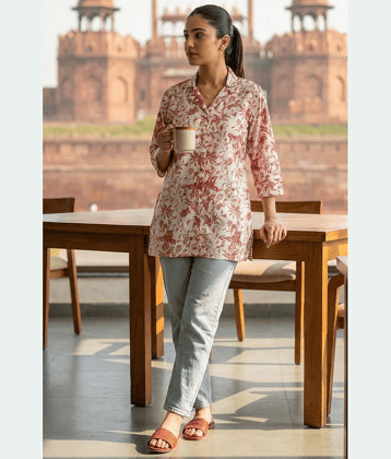 Wonder Weaves Women 100% Cotton Printed Straight Kurti ( White )