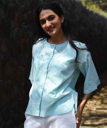Blue hand embroidered cotton quater sleeves top