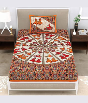 ABHACLOTHO Cotton 1 Single Bedsheet with 1 Pillow Cover ( Orange )