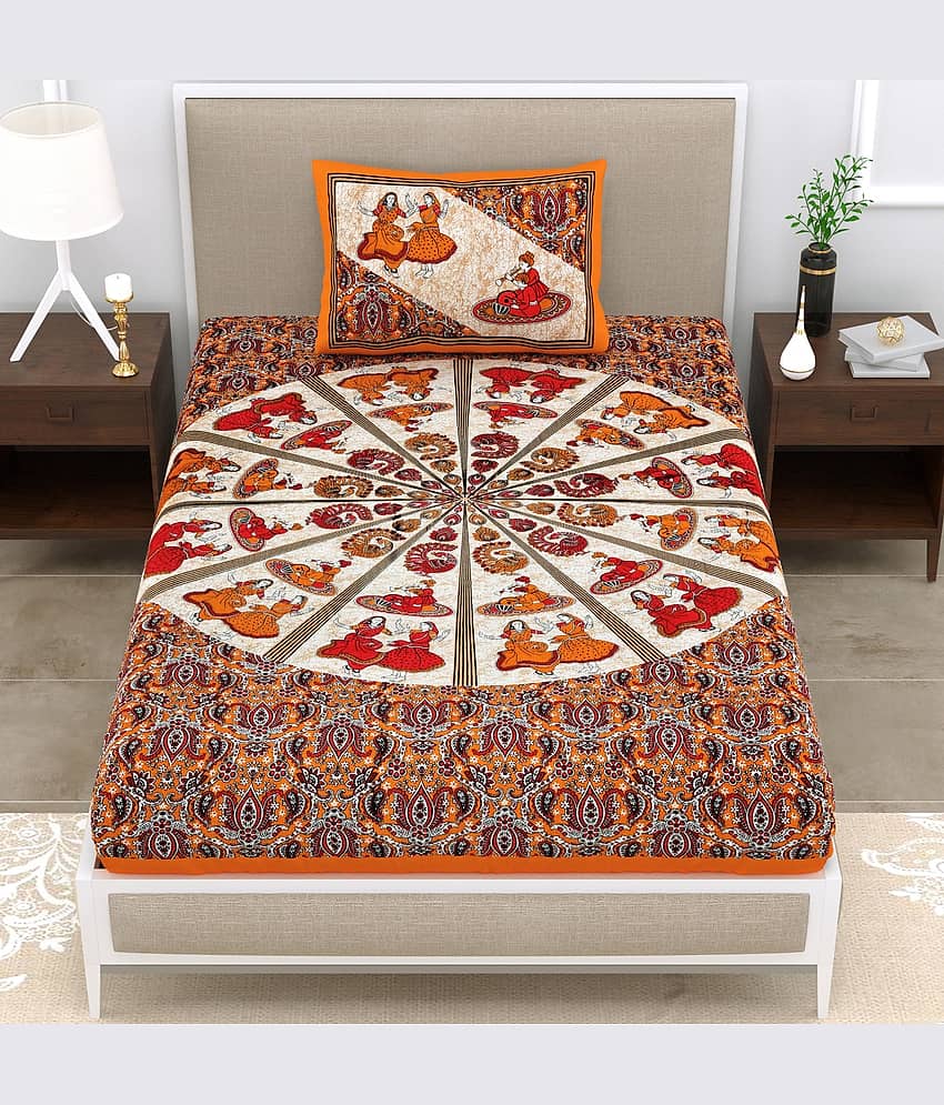 ABHACLOTHO Cotton 1 Single Bedsheet with 1 Pillow Cover ( Orange )