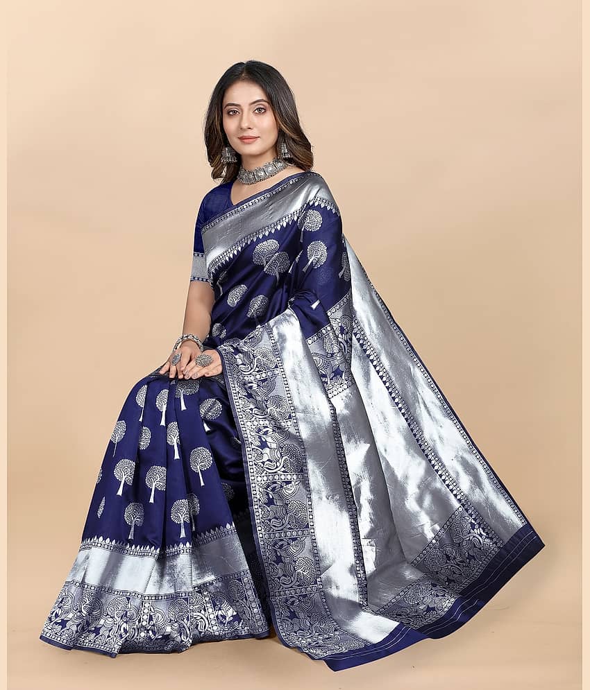 Gazal Fashions Banarasi Silk Embellished Saree With Unstitched Blouse Piece ( Navy Blue )