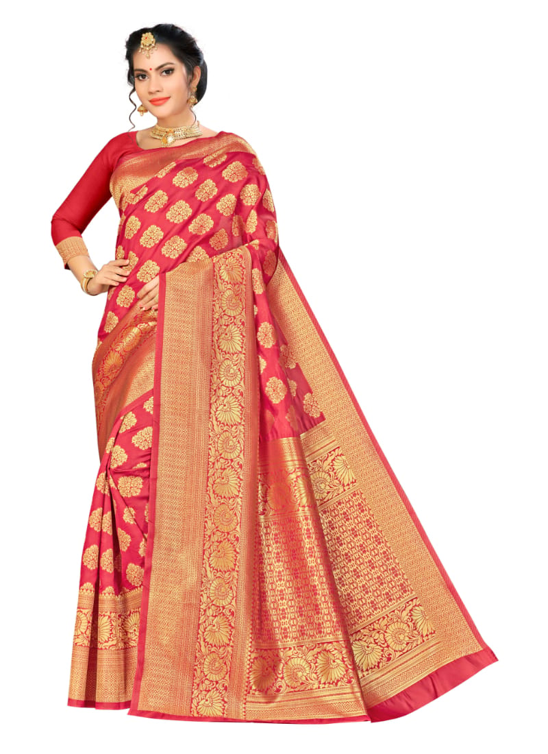 Generic Women's Banarasi Silk Saree with Blouse (Red, 5-6 Mtr)