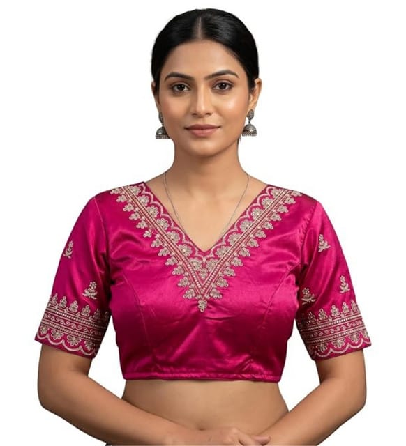 Women's Satin Embroidered Half sleeve V-Neck Padded Readymade Blouse (Pink, Size 38 - Self-Alterable 36โ40)