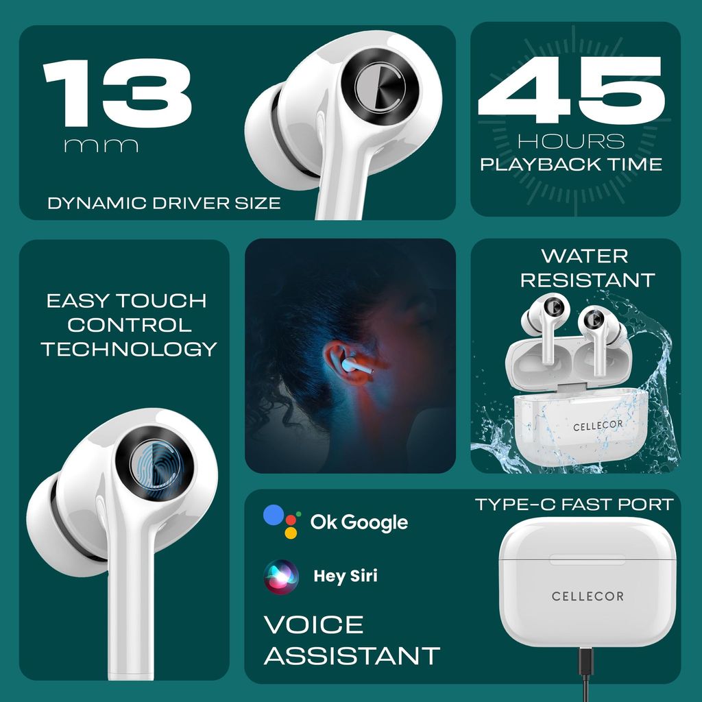 CELLECOR Bropods CB22 Waterproof Earbuds with 45 Hours Playtime| 5.1v Bluetooth | Auto Pairing | 13mm Driver | Voice Assistant | ENC (Green )