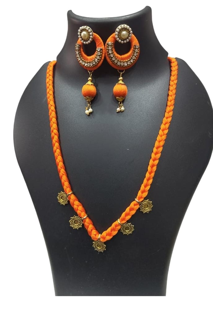 Orange Silk Thread Necklace Set with Earrings for Women