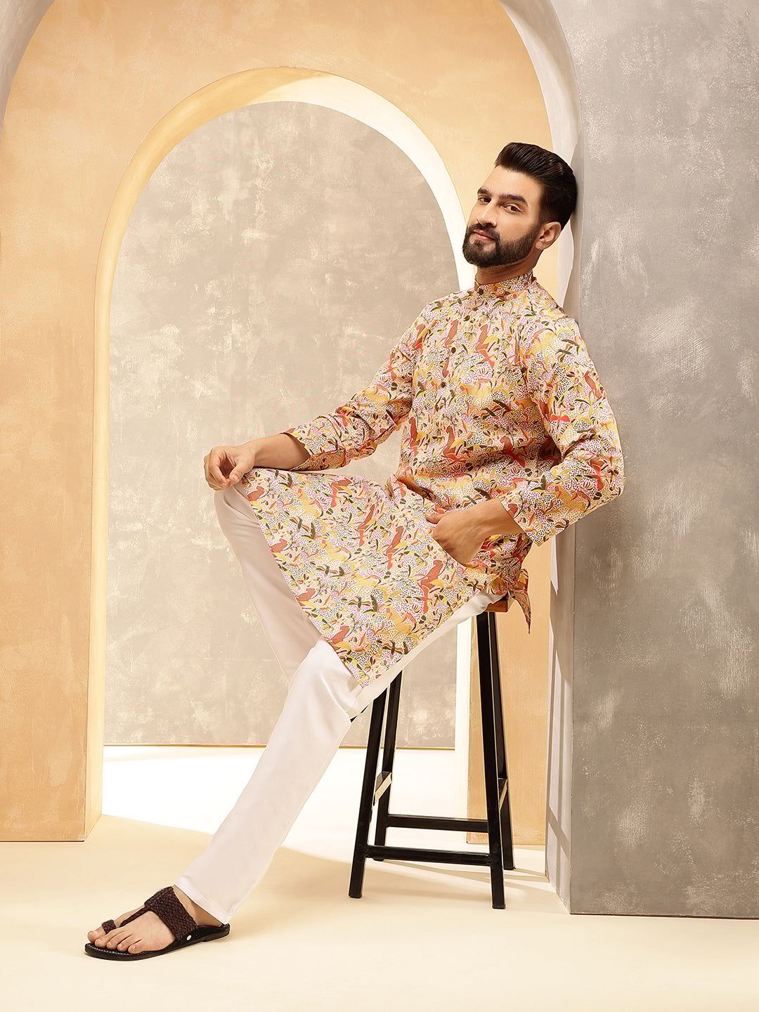 Men's Cotton Linen Kalamkari Printed Multi & Beige Kurta with White Pyjama-36