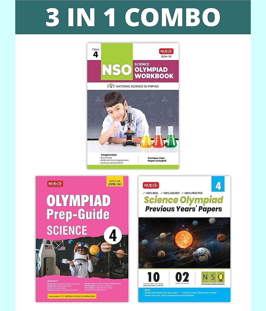 MTG National Science Olympiad (NSO) Workbook, Prep-Guide & Previous Years Papers (PYQs) with Mock Test Paper Class 4 - SOF Olympiad Books For 2024-25 Exam (Set of 3 Books)